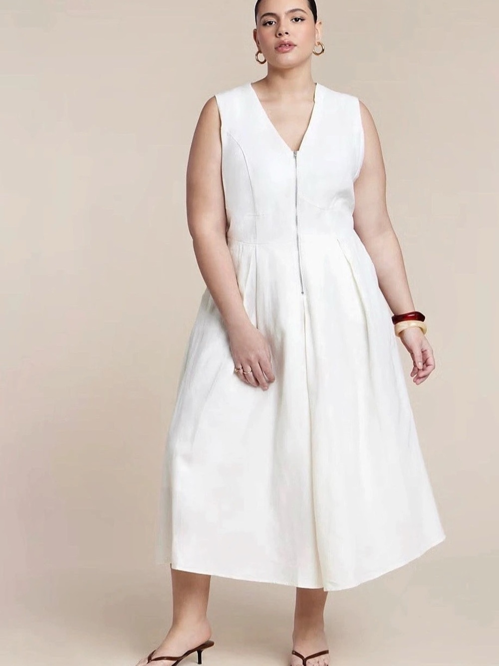 New Zipper Detail Linen Maxi Dress